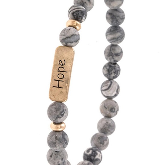 Boutique Jewelry - Etched "Hope" Inspirational Beaded Bracelet Stretch - Jet